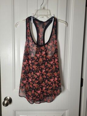 MNG CollectionFloral Black Racerback Tank Top - Pink Rose Print Size XS